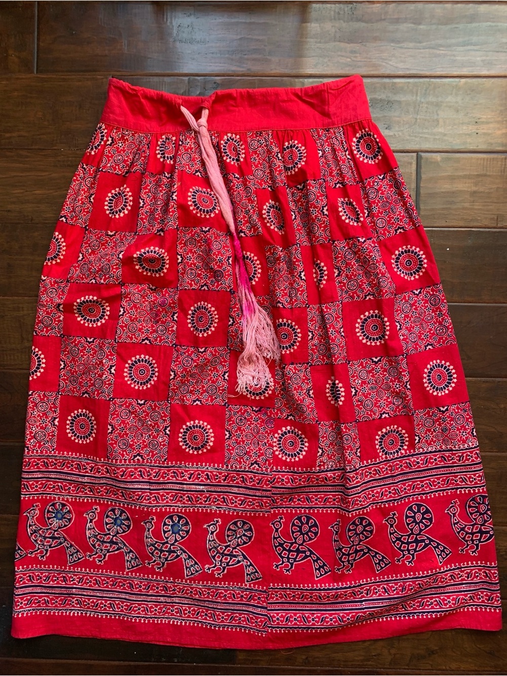 Vintage Red Indian Cotton Skirt Boho western Peacock Block Print